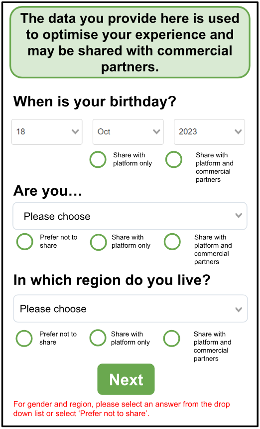 Info salience, granular choice: This intervention made information about data sharing more obvious, and additionally gave participants a choice about which information to share.