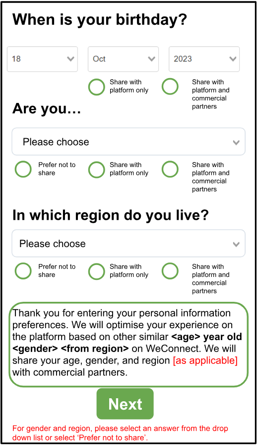 Implications, granular choice. This intervention set out the implications of data sharing, and additionally gave participants a choice about which information to share.