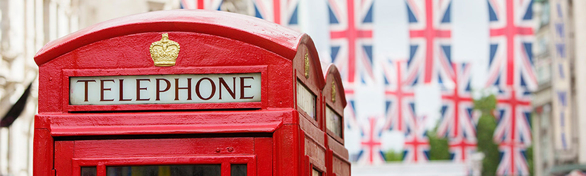 Red phone box and British flag bunting